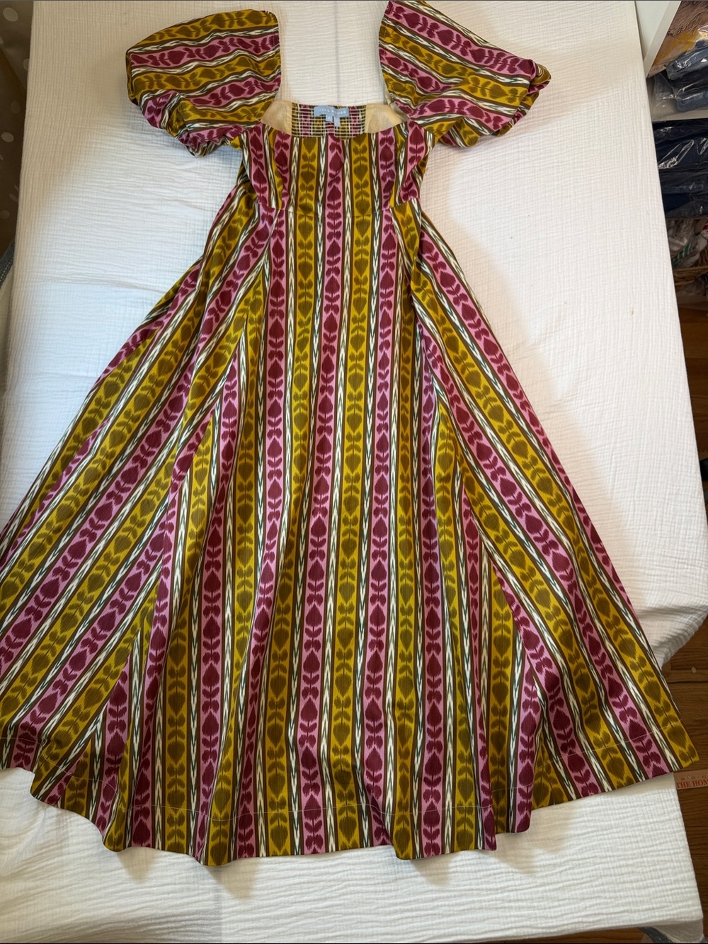 NWOT Hill House Stripe Ikat Maxi Dress in Mustard, Pink and Olive with pockets .